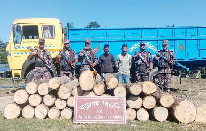 বিয়ানীবাজার অবৈধ কাঠবোঝাই ট্রাক জব্দ করেছে বিজিবি, আটক ২