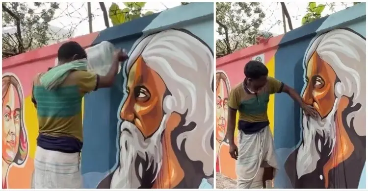 রবীন্দ্রনাথের গ্রাফিতিতে দেওয়া কালি মুছে ভাইরাল এক রিকশাচালক